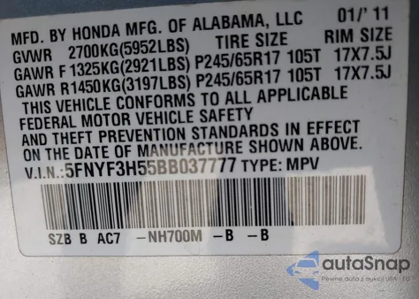 2011 Honda Pilot Exl из США, поврежденный, VIN 5FNYF3H55BB037777